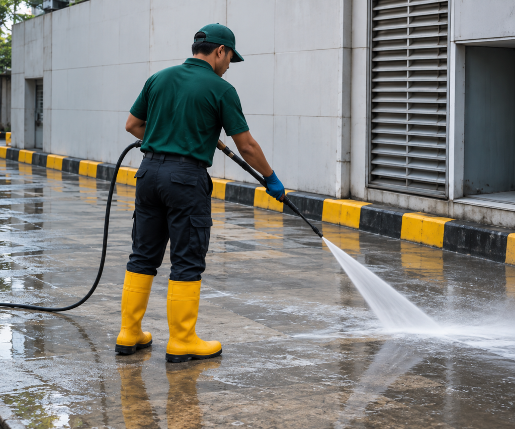 Cleaning staff pressure washing an outdoor concrete surface