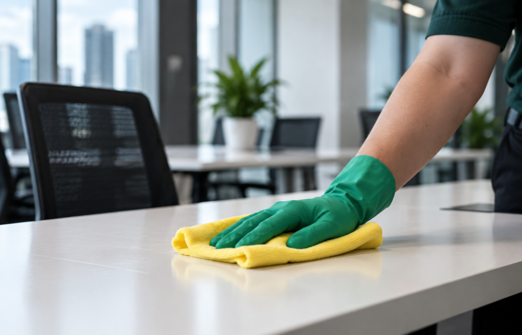 Cleaner wiping an office desk with a cloth